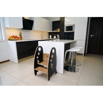 Pomocnik Kuchenny - Podest 2 w 1 Uniwersalny dla dzieci i dorosłych - MODERN - czarno-drewniany