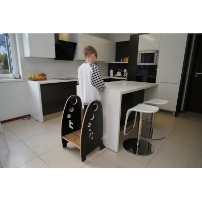 Pomocnik Kuchenny - Podest 2 w 1 Uniwersalny dla dzieci i dorosłych - MODERN - czarno-drewniany